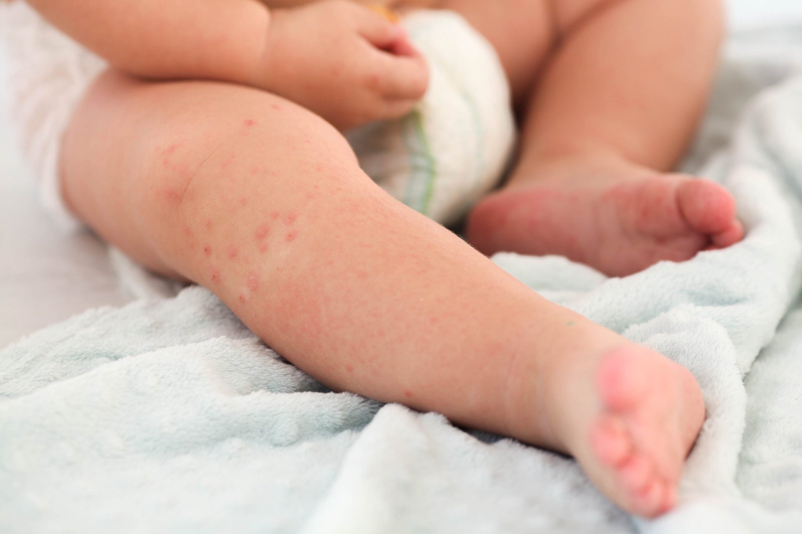 A small child with a red rash on the leg sits on the bed. Childr Skingroup | Dermatólogos en Monterrey